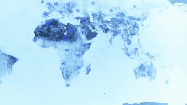 Verzadigde kleuren wereld kaart - perspectief looping - cirkel cities - scannen - achtergrond - blauw B — Stockvideo