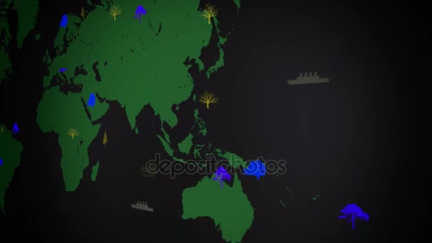 Vector boten - wereldwijd - bomen groeien - kaart van de wereld - zwarte achtergrond - groene continent - recht weergave — Stockvideo