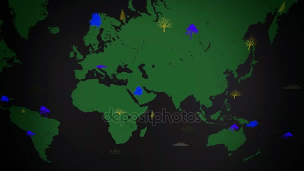 Векторные лодки - Worldwide - Деревья растут - карта мира - черный фон - зеленый континент - сверху Просмотр — стоковое видео