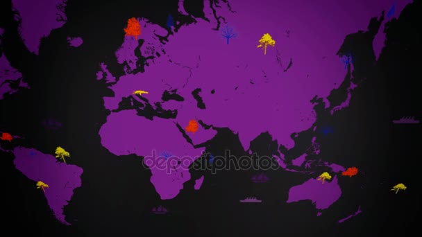 Bateaux vectoriels - Dans le monde entier - Arbres en croissance - Carte du monde - fond noir - Continent violet - Vue ci-dessus 