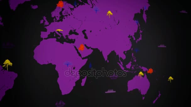矢量船-世界各地-树木生长-映射的世界-黑色背景-紫色大陆-左视图 — 图库视频影像