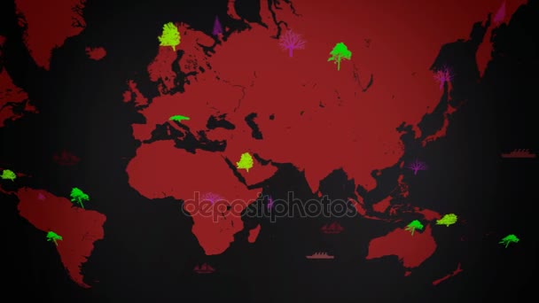 Vektorboote - weltweit - Bäume wachsen - Weltkarte - schwarzer Hintergrund - roter Kontinent - Ansicht oben — Stockvideo