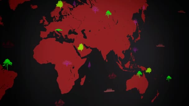 矢量船-世界各地-树木生长-红色-黑色背景-世界大陆地图-左视图 — 图库视频影像