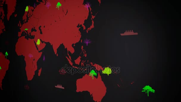 Barcos vetores - No mundo todo - Árvores em crescimento - mapa do mundo - fundo preto - continente vermelho - direito View — Vídeo de Stock