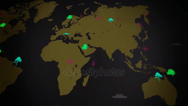 Barcos vetores - No mundo todo - Árvores em crescimento - mapa do mundo - fundo preto - continente amarelo - abaixo Ver . — Vídeo de Stock