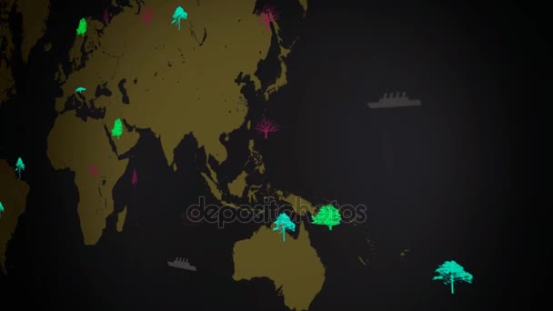 Векторні човни - по всьому світу - дерева, що ростуть - карта світу - чорний фон - жовтий континент - праворуч Переглянути — стокове відео