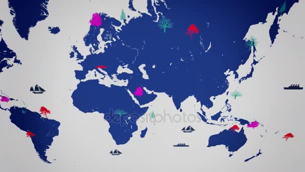 Vector Boats - Worldwide - Trees growing - карта мира - белый фон - синий континент - Above View — стоковое видео