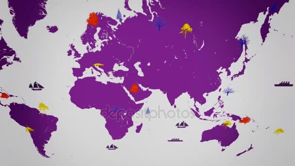 Vektor lodě - celosvětově - stromy - mapa světa - bílé pozadí - purple kontinent - nad zobrazení — Stock video