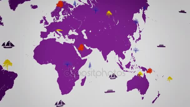 Vektor lodě - celosvětově - stromy - mapa světa - bílé pozadí - purple kontinent - pohled doleva