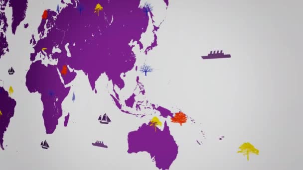 Barcos vetores - No mundo todo - Árvores em crescimento - mapa do mundo - fundo branco - continente roxo - Visão Direita — Vídeo de Stock