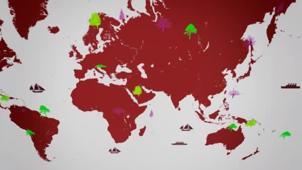 Vector båtar - Worldwide - träd växer - karta över världen - vit bakgrund - röda kontinenten - ovanför vyn — Stockvideo