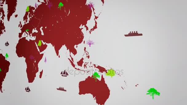 Vektor lodě - po celém světě - stromy - mapa světa - bílé pozadí - červený kontinent - vpravo pohled — Stock video