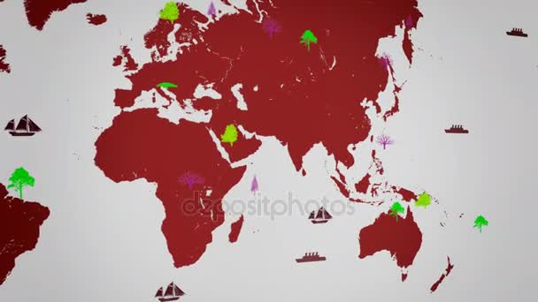 Vektor hajók - világszerte - fák nőnek - Térkép, a piros - fehér háttér - világ kontinens - bal megtekintése. — Stock videók