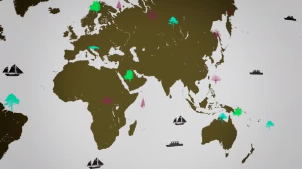 Vector boten - wereldwijd - bomen groeien - kaart van de wereld - witte achtergrond - gele continent - links weergeven — Stockvideo