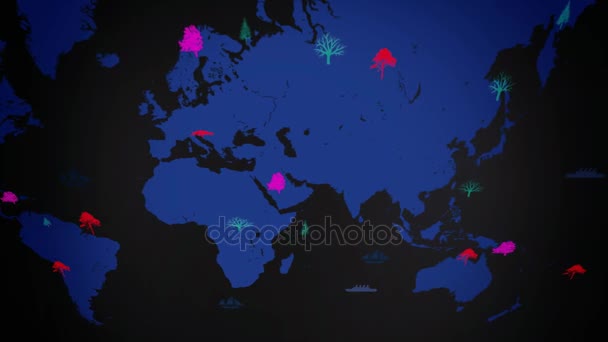 矢量船-世界各地-树木生长-映射的世界-黑色背景-蓝色大陆-以上视图 — 图库视频影像
