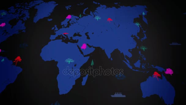 矢量船-世界各地-树木生长-映射的世界-黑色背景-蓝色大陆-以下视图 — 图库视频影像