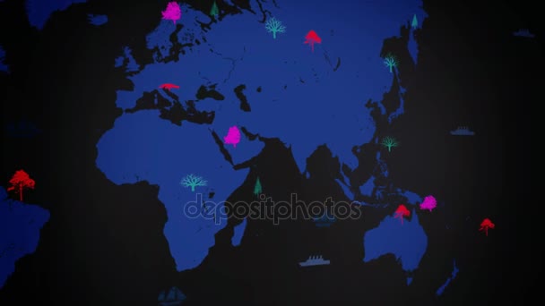 Barcos vetores - No mundo todo - Árvores em crescimento - mapa do mundo - fundo preto - continente azul - Vista esquerda — Vídeo de Stock