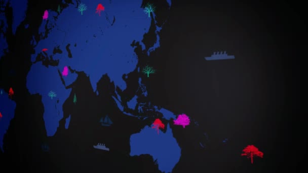 矢量船-世界各地-树木生长-映射的世界-黑色背景-蓝色大陆-右视图 — 图库视频影像