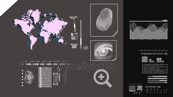 世界地图扫描-3d 旋转-高级扫描-信息-灰色-数字. — 图库视频影像