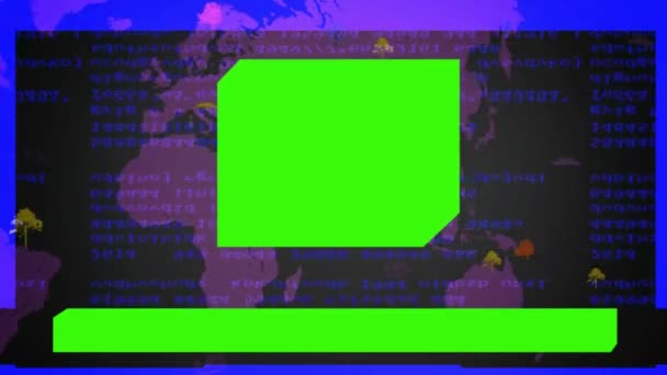 Komputer - virtual wir - hall - danych strumieniowych - focus - ostry numer - kąt gięte - zielony ekran - elementu macierzy - zielony - fioletowy — Wideo stockowe