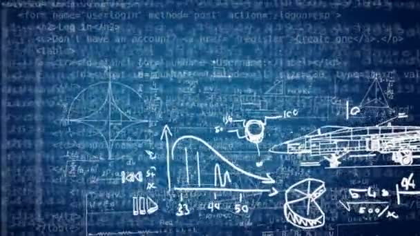 Zahlen und Zeichnungen - Hintergrund der Gleichung - Kodierungsschleife - dunkelblau — Stockvideo