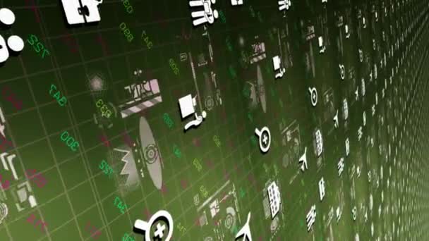 Kancelář - Grid informací - digitální technologie - čísla řazení - bílé symboly - sledování - detaily - perspektivu - zelená — Stock video
