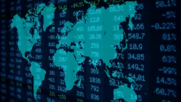 Giełda - finansowe numery - cyfrowy Led - mapa świata - ciemny niebieski — Wideo stockowe