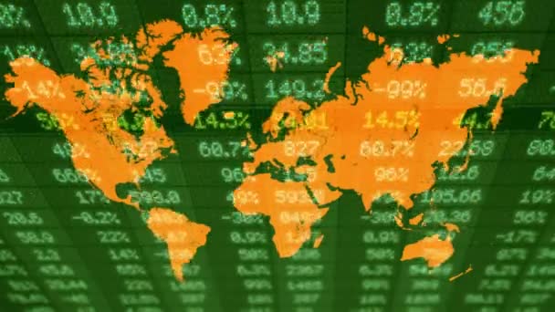 Stock markt - financiële - digitale Led - wereldkaart - donker groen - bovenstaande getallen — Stockvideo