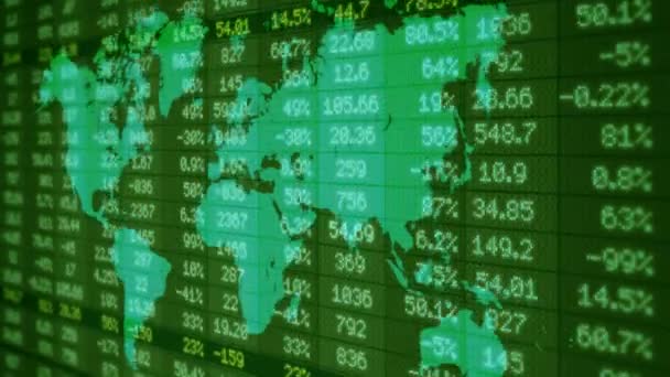 Beurs - financiële nummers - digitale Led - wereldkaart - donker groen - rechts. — Stockvideo