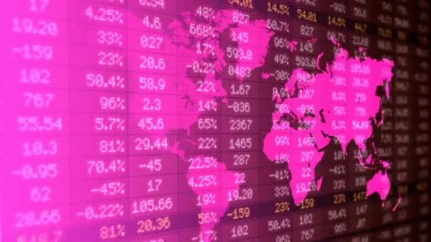 Giełda - finansowe numery - cyfrowy Led - mapa świata - ciemny czerwony - lewy — Wideo stockowe