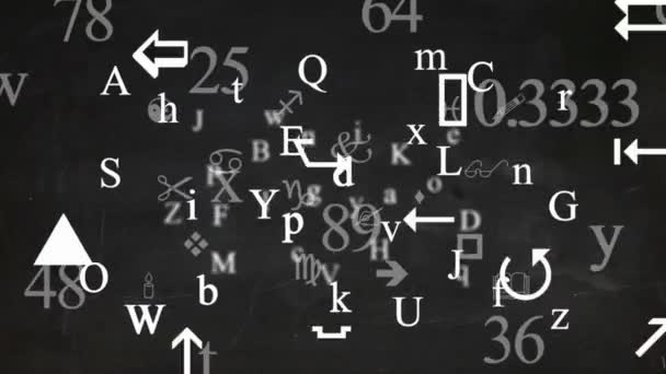 Třesoucí se písmena a znaky - pozadí smyčky - symboly a kresby - černá tabule — Stock video