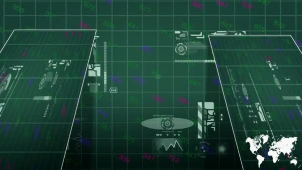 Dos tableros - Rejilla de información - tecnología digital - desplazamiento de números - símbolos blancos - monitor - detalles - perspectiva - verde — Vídeo de stock
