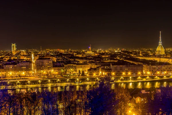 Panorama Miasta Turyn Mole Antonelliana Nocy — Zdjęcie stockowe