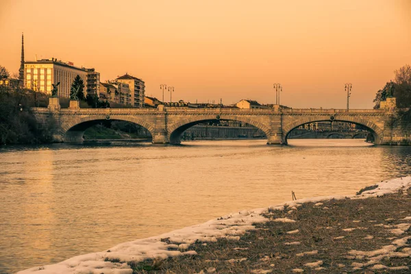 Puente Panorama Turín Atardecer — Foto de Stock