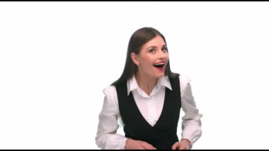 İş elbiseleri, kız beyaz bir arka plan üzerinde gizli dinleme