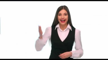 İş takım elbiseli kız davet ediyor parti, eğlenmek için