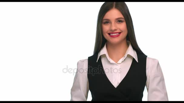 Business woman doing the ok sign and winks - isolated — Stock Video