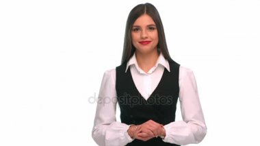ok işareti gülümseyen yapıyor - izole iş kadın