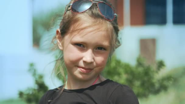 Cute little girl on the meadow in spring day — Stock Video