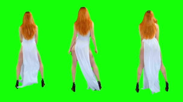 녹색 화면 슬로우 모션에 하얀 드레스를 입고 여자 춤 — 비디오
