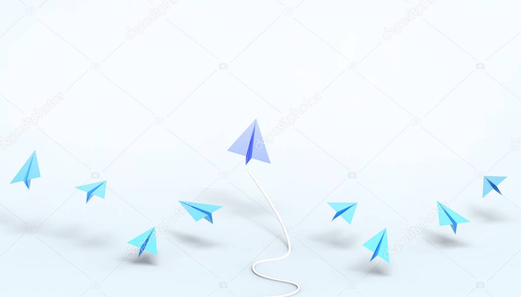 Paper airplane Leadership creative Ideas Blue origami and business concept on pastel Blue background - 3d rendering