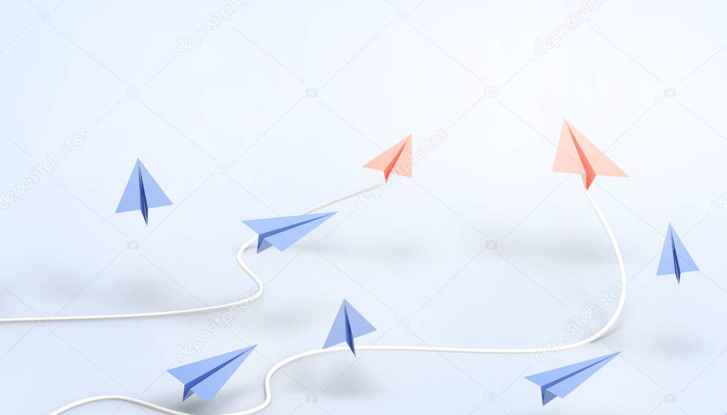 Paper airplane Leadership creative Ideas minimal Art Orange and Blue origami business concept on pastel Blue background - 3d rendering
