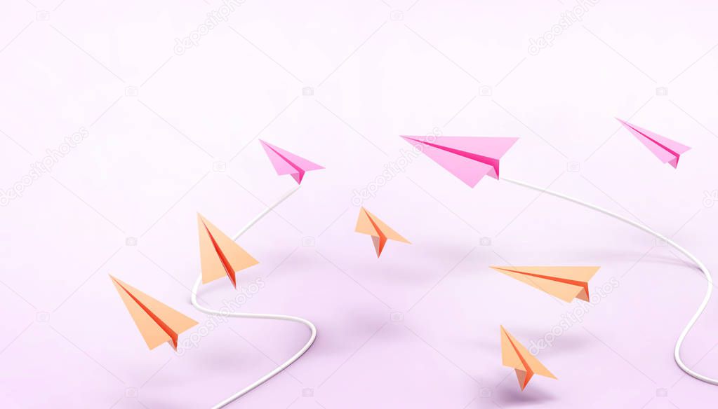 Paper airplane Leadership creative Ideas minimal Art Orange and purple origami business concept on purple pastel background - 3d rendering