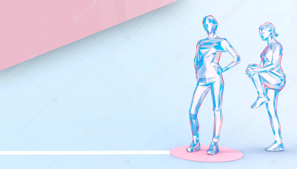 Women Running jogging Health Lowpoly line-art Creative ideas and Sport background on Blue pastel background - illustration minimal style