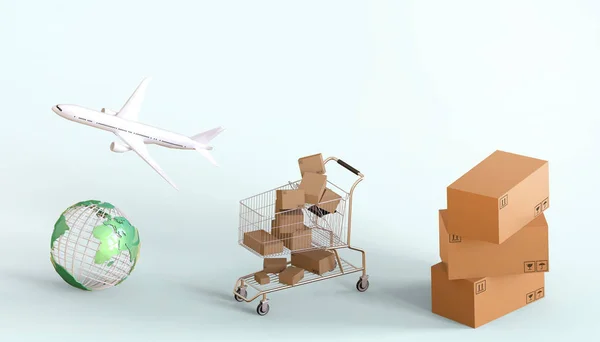 Zakupy Online Pakiet Dostawy Koszyka Concept Kreatywne Pomysły Samoloty Światem — Zdjęcie stockowe