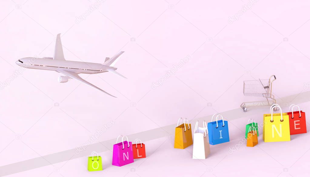 Shopping online Concept shopping cart connections Creative ideas and planes package delivery with the world on Pink pastel background - 3d rendering