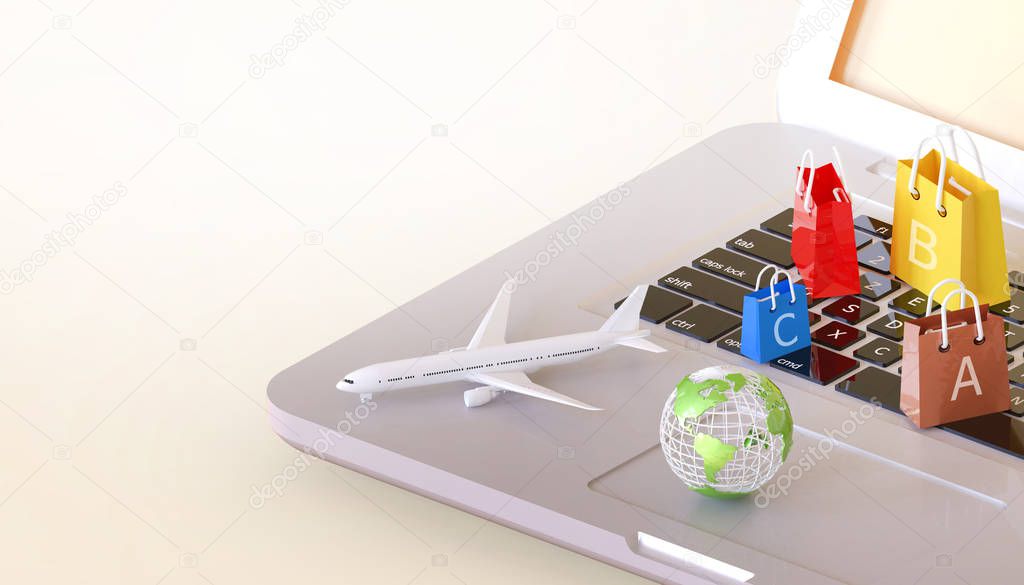 Shopping online laptop Concept package delivery and planes with the world on yellow background - 3d rendering