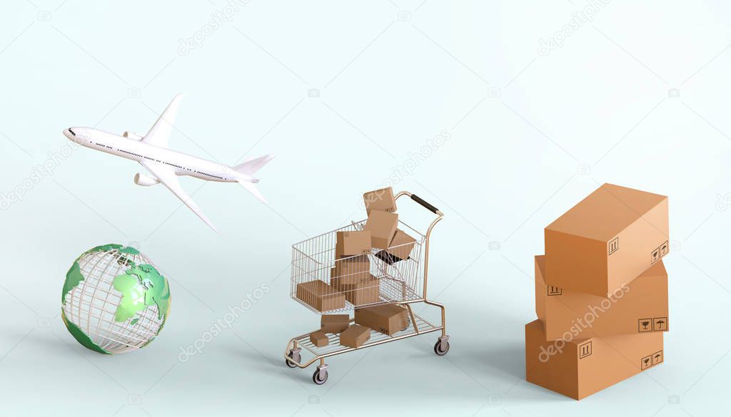 Shopping online package delivery shopping cart Concept Creative ideas and planes with the world on Blue Green monotone background - 3d rendering