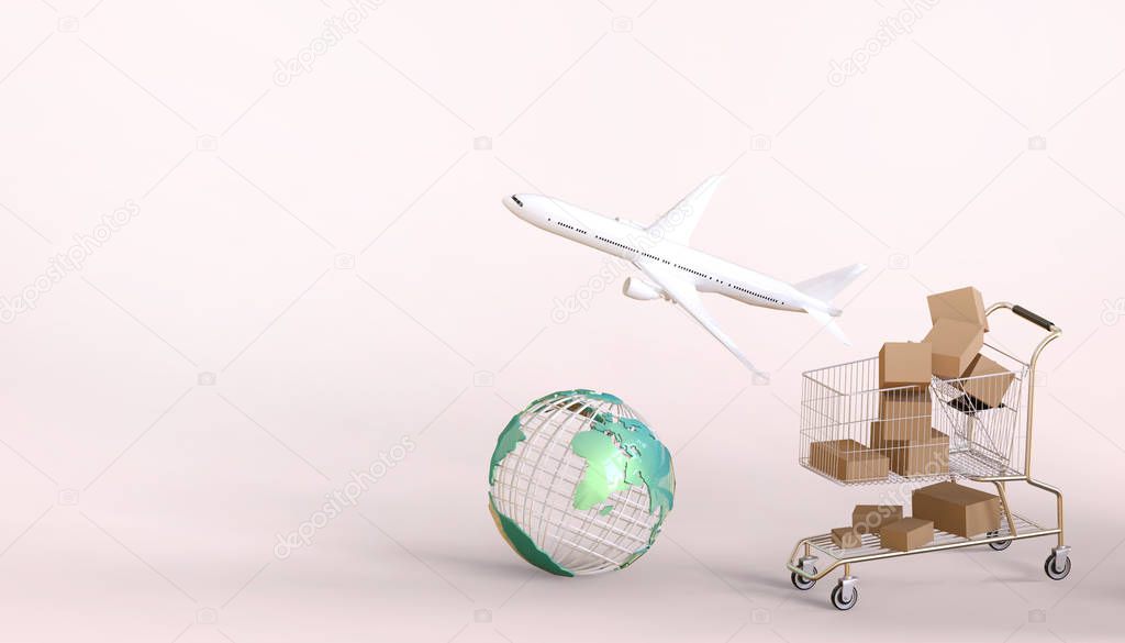 Shopping online shopping cart Concept e-commerce and delivery service connections and planes package delivery with the world on red pastel background - 3d rendering
