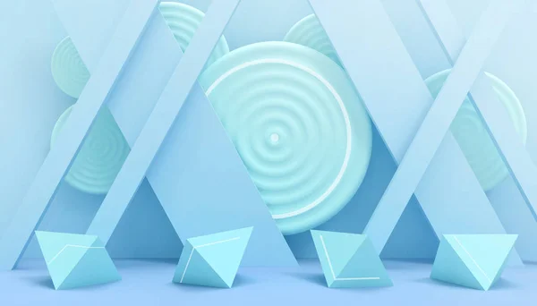 現代のアイデア水晶幾何学的な形状三角形と円最小限の創造的な概念と壁ブルー 緑の背景 3Dレンダリング — ストック写真